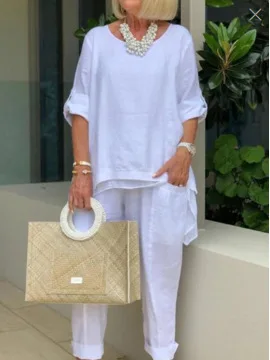 

Casual Blue Women Set Spring Summer Fashion Long Sleeve O-Neck Loose Suit Female Vintage Pocket Top Long Pants 2 Pieces Outfit