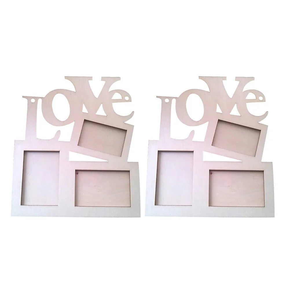 2Pcs Wooden Photo Frame Love Shape Hollow Cutout Holds 3 Warm Home Decor Living Room Bedroom Wedding Gift Family Memory