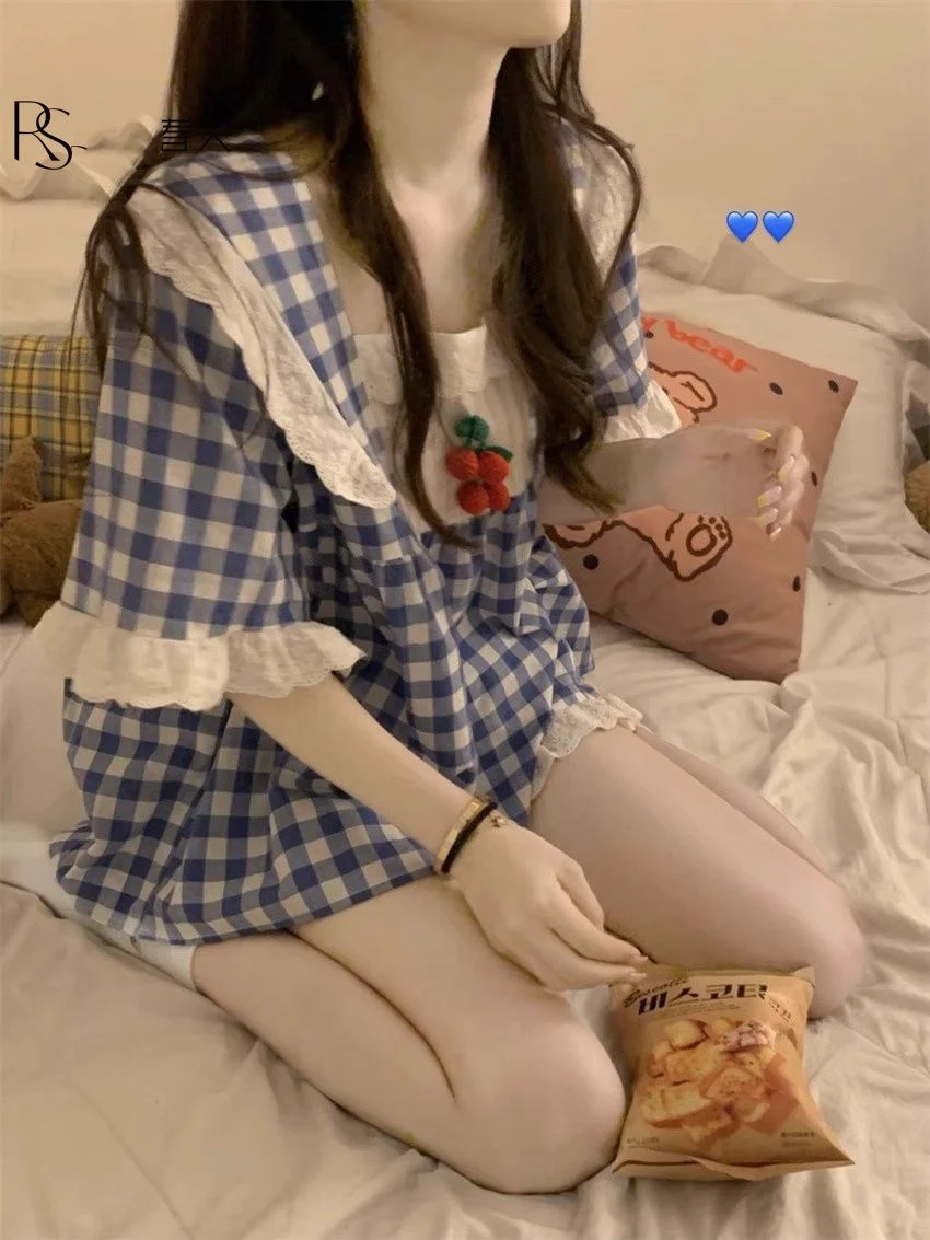 Japanese spring summer pajamas female cute plaid short-sleeved shorts two-piece set of sweet students home clothing