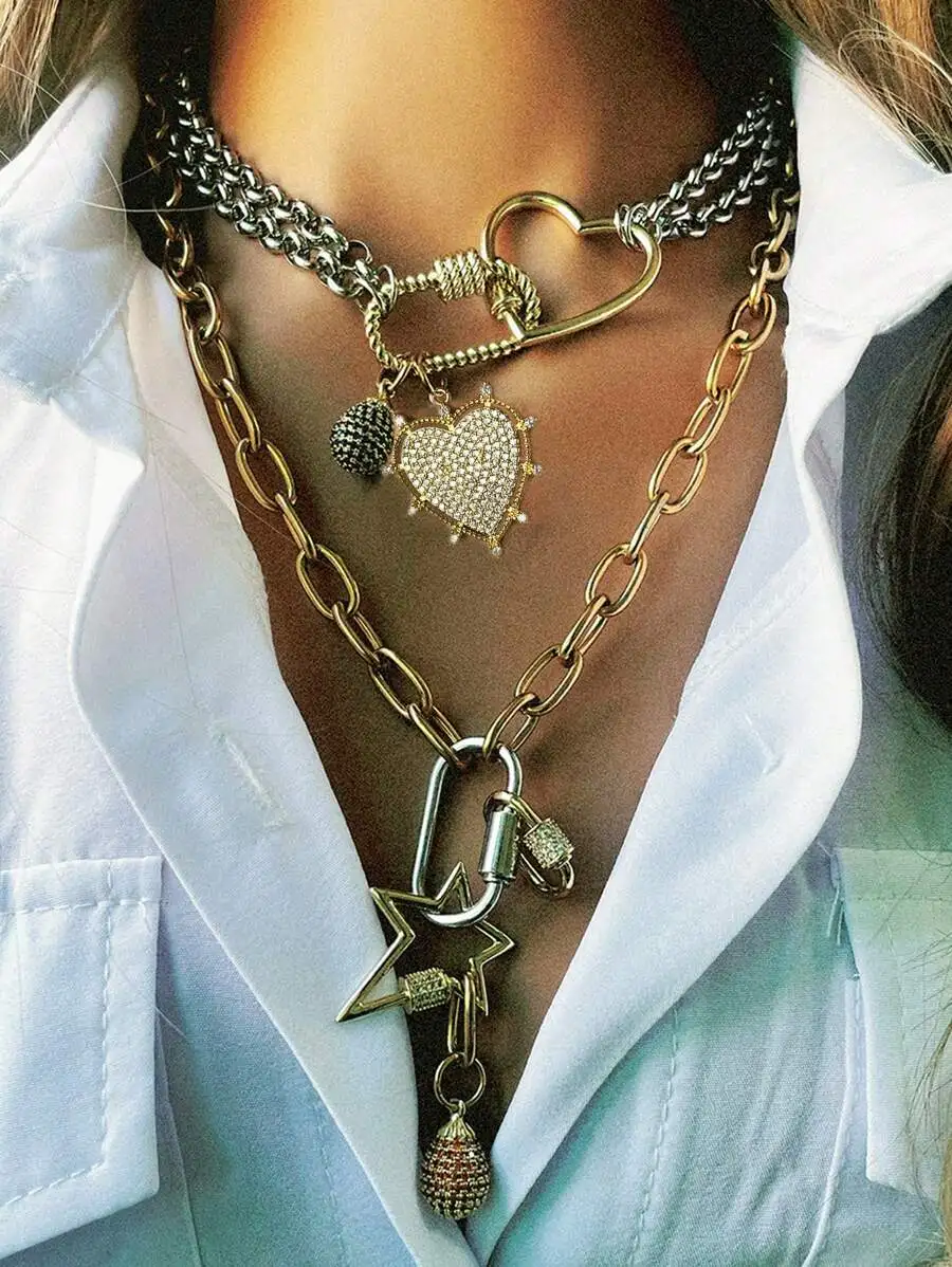 

Chunky Twist Love Carabiner Double O Chain Necklace With Diamond Heart Star Water Drop Pendant For Women