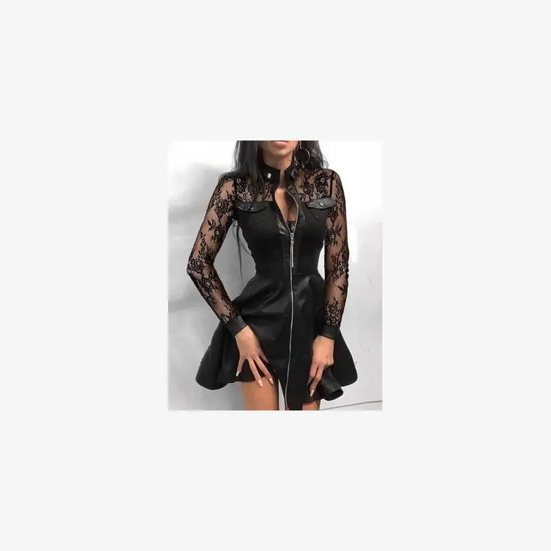 Faionable PU Leather Patchwork Waist Cinched Dr Autumn New Arrival Women's A-Line Dr High Waist Commute Sle Long Sl...