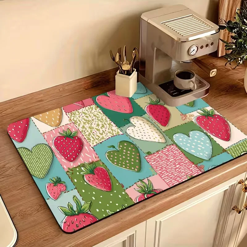 Cute Patchwork Hand Drawn Strawberry Floral Print Absorbent Drying Mat Non Slip Kitchen Sink Coffee Bar Draining Pad