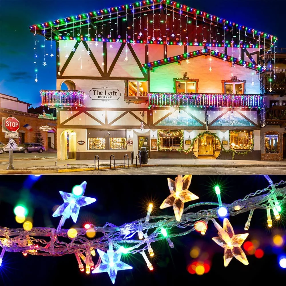 Decoraciones navideñas 2025 Luces de carámbano LED al aire libre 20m 864 LED Guirnalda de cortina de estrellas impermeable IP44 Nochevieja 2025