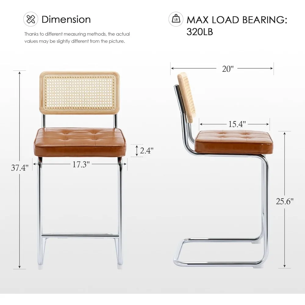 Bancos de bar modernos com altura de balcão, conjunto de 2 bancos de bar de vime natural de 26 '', bancos de cozinha de couro sintético com encosto