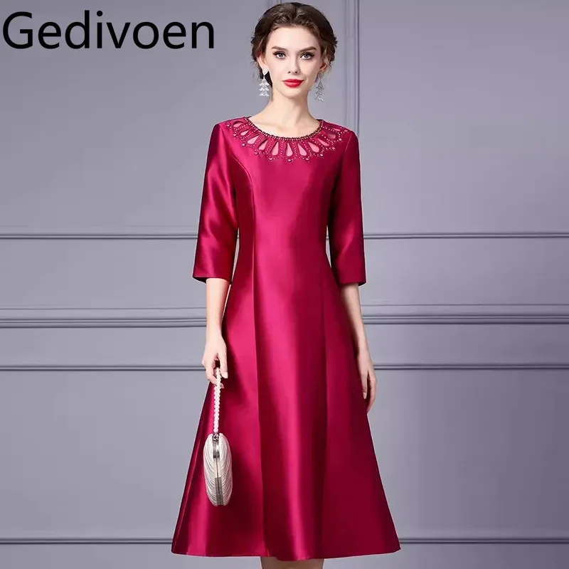 Gedivoen Fashion design Abito da donna Mezza manica con perline Scava fuori Abiti da ballo casual per le vacanze autunnali e invernali