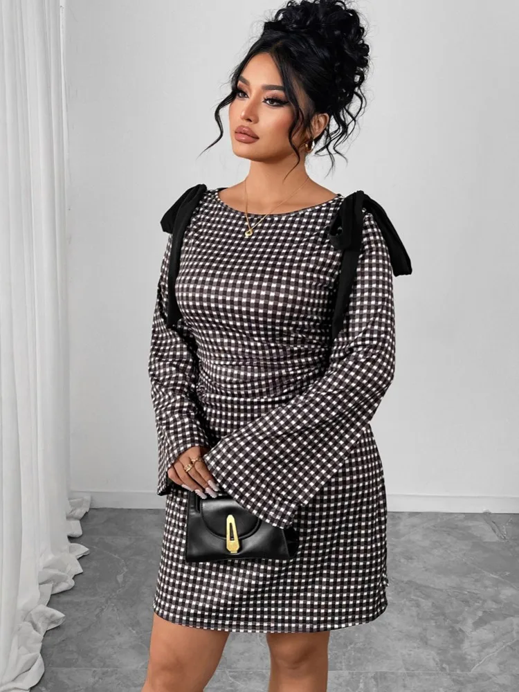 Sukienka XL-4XL Plus Size na wiosnę i jesień, nowa, w kratę, z nadrukiem, z dekoltem typu O, długie rękawy, modna, do pracy, dopasowana, elegancka.