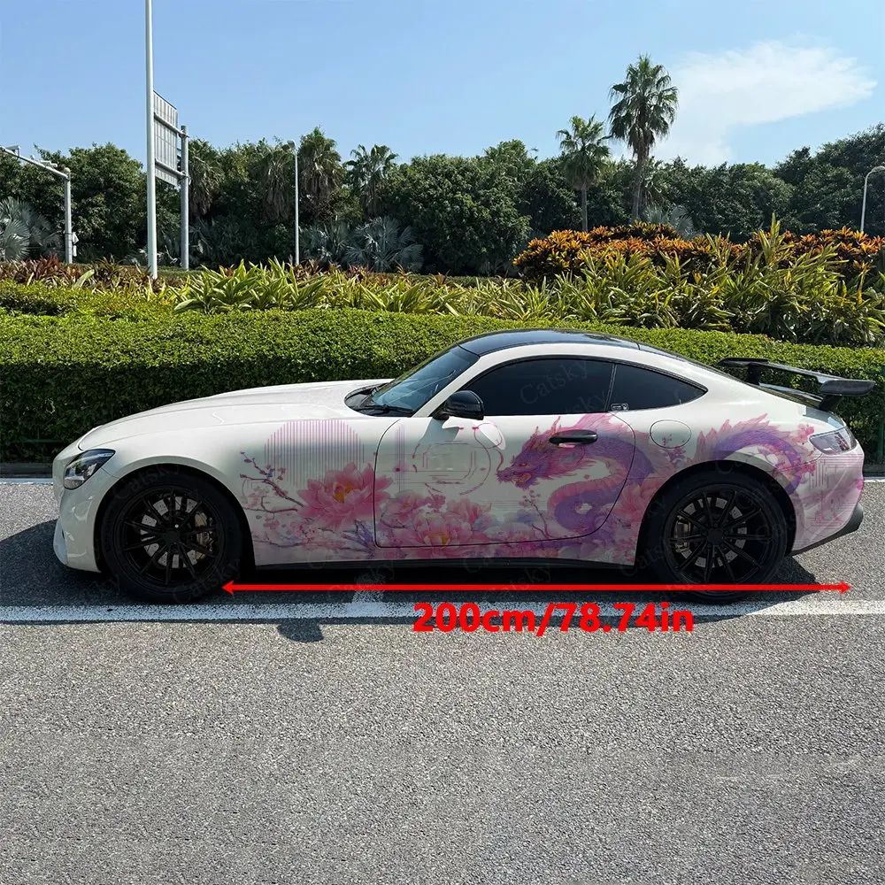 2pcs Pink Purple Swimming Dragon & Lotus Car Side Wrap, Self-Adhesive PVC Waterproof & Scratch-Resistant Stickers, Car Accessory view 2