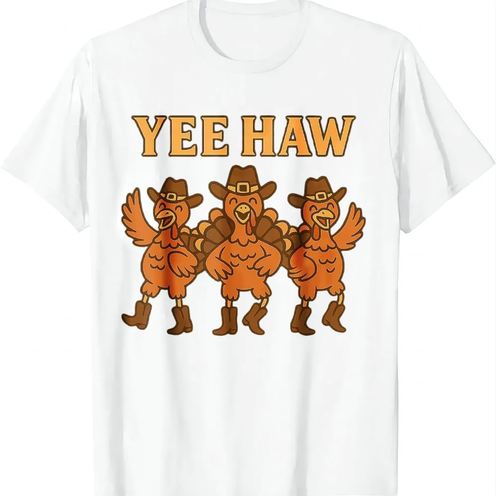 Turkey Cowboy Yeehaw Turkey Dance Thanksgiving Pilgrim Hat T-Shirt Everyday Basic Tee Quick Dry Black and White Daily Wear