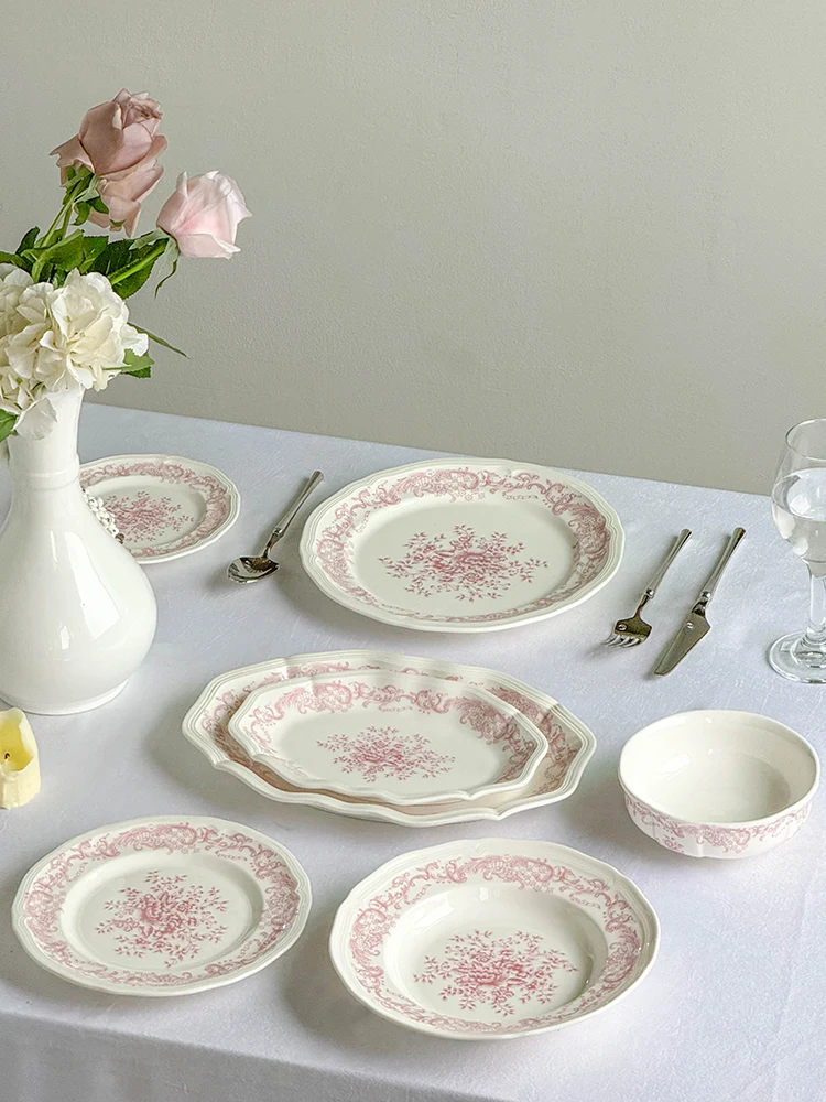 أطباق سيراميك زهور وردية ، أدوات طاولة حلوى للمطاعم ، أطباق خبز بسكويت منزلية عتيقة ، جودة عالية ، على الطراز الفرنسي #3