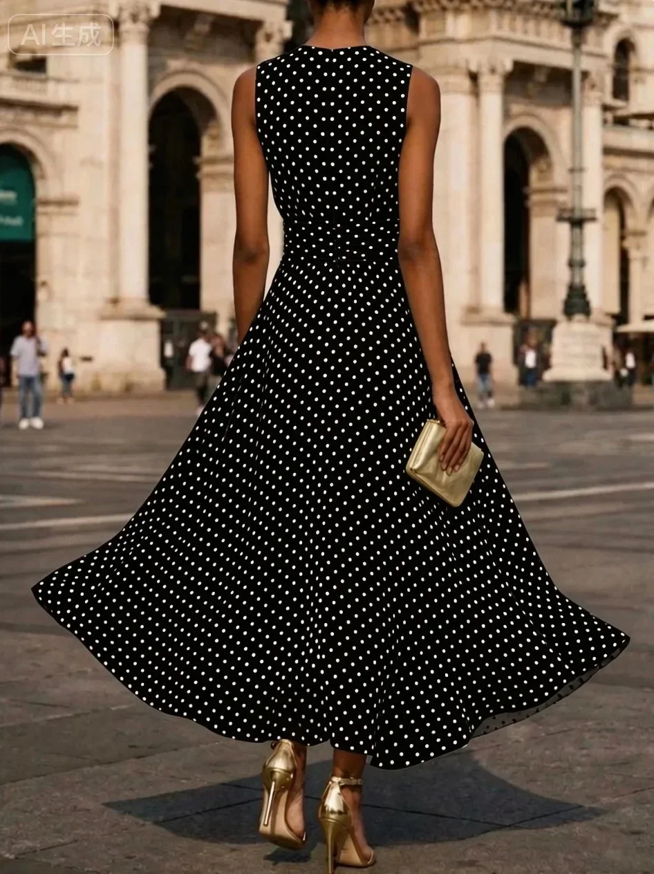 Damen-Maxikleid mit Rundhalsausschnitt, ärmellos, gepunktet, mit Taillenband, fließendes Chiffonkleid, elegantes Alltagskleid für Büro und Pendler – Detail 6