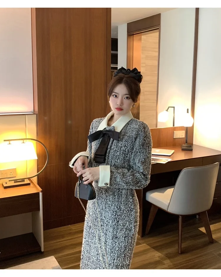 الخريف الفرنسية الراقية أنيقة الاجتماعية القوس تويد معطف قصير عالية الخصر التخسيس تنورة طويلة مجموعة قطعتين مجموعة ملابس النساء