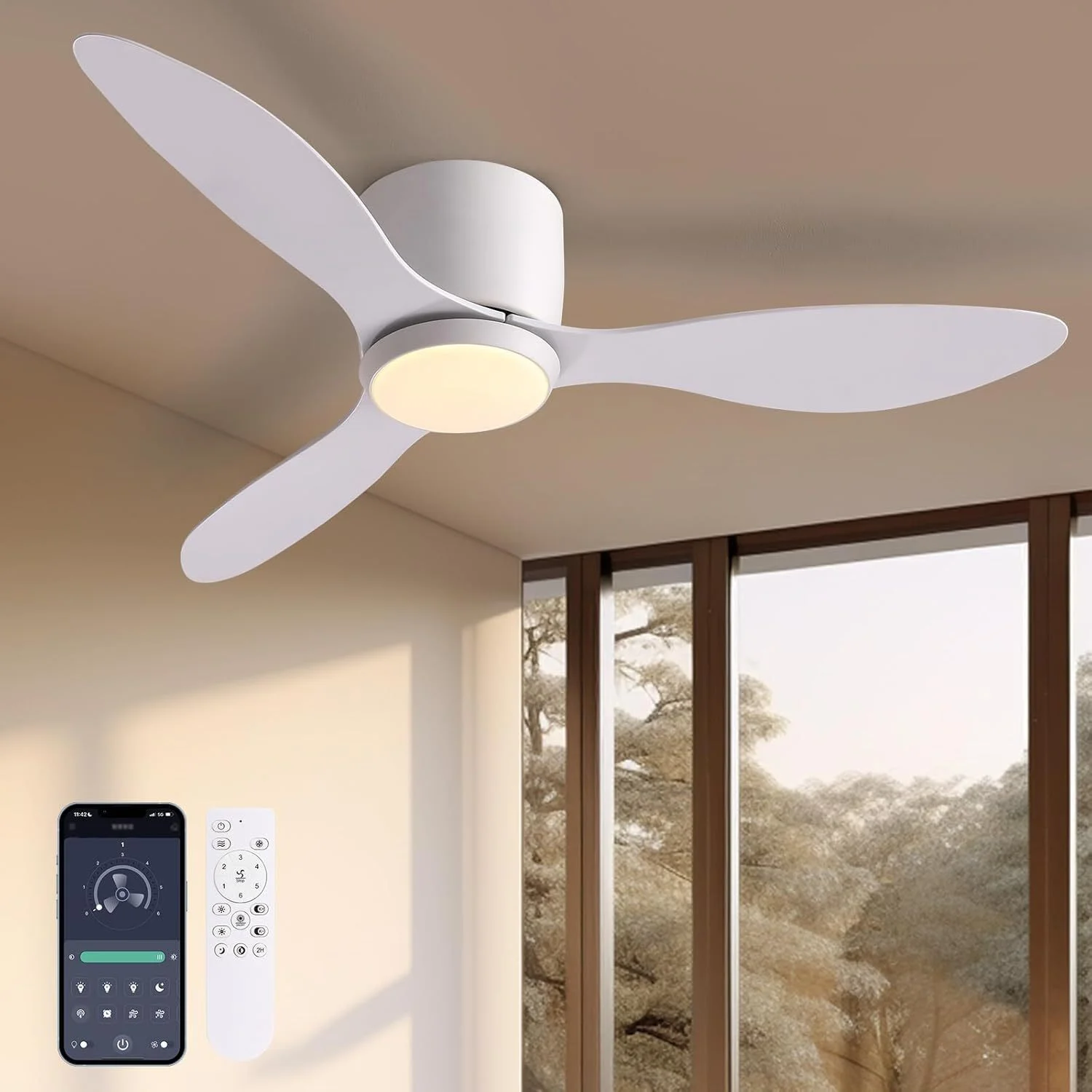 

Tri Blade Intelligent Ceiling Fan Light Dimmable Color Changing with App And Remote Control for Modern Home Lighting