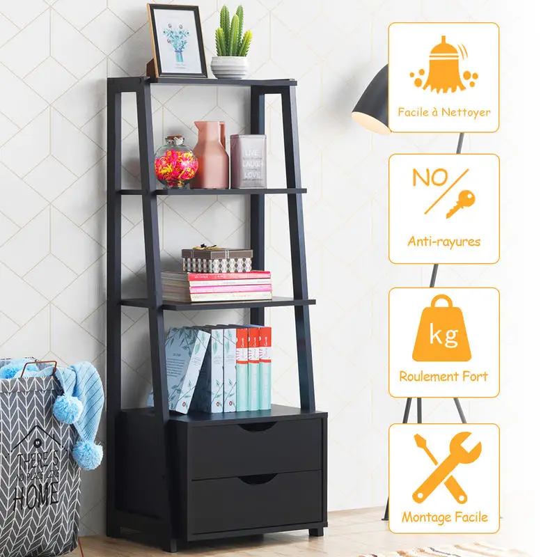 

4-Tier Ladder Bookshelf Storage Display with Drawers