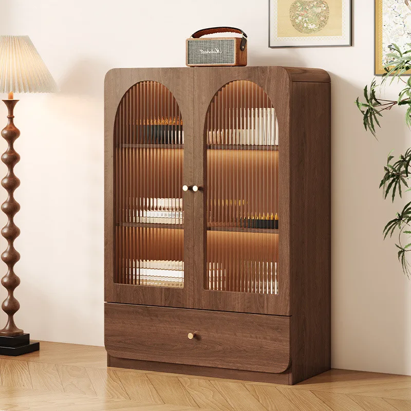 خزانة مشروبات جانبية لتناول الطعام على الزجاج الأمامي الرجعية مقابل الحائط، خزانة عمودية لغرفة المعيشة المنزلية #3