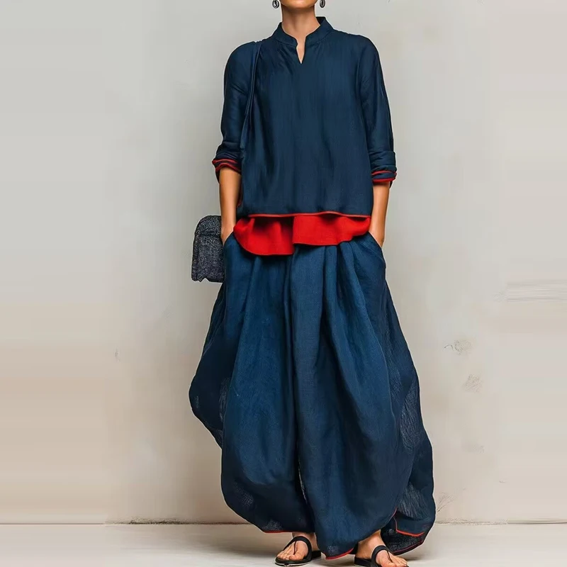 New Casual Color Block Female Suit Women Solid 2 Piece Outfit Elegant O Neck Long Sleeve Blouse & Loose Wide Leg Harem Pants Set