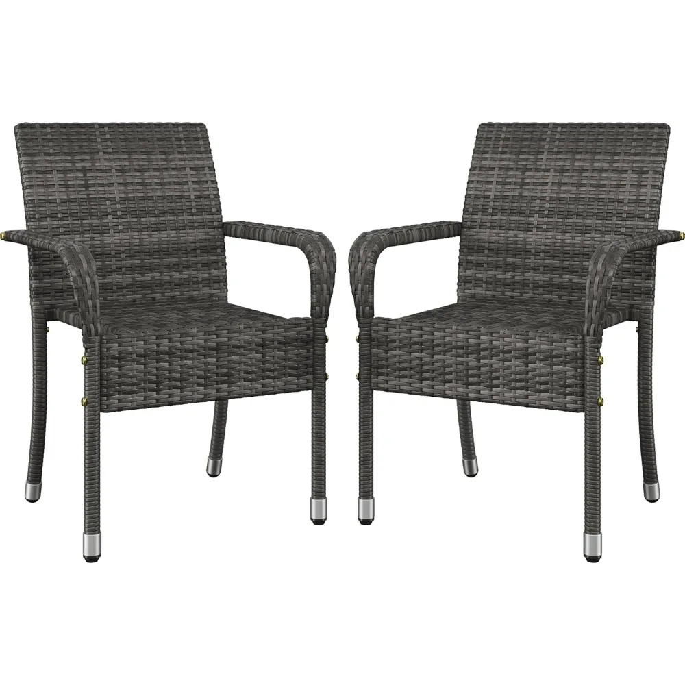 

Set of 2 Stackable Outdoor Rattan Dining Chairs, Steel Frame for Garden, Patio, Deck, Yard, Poolside, Gray