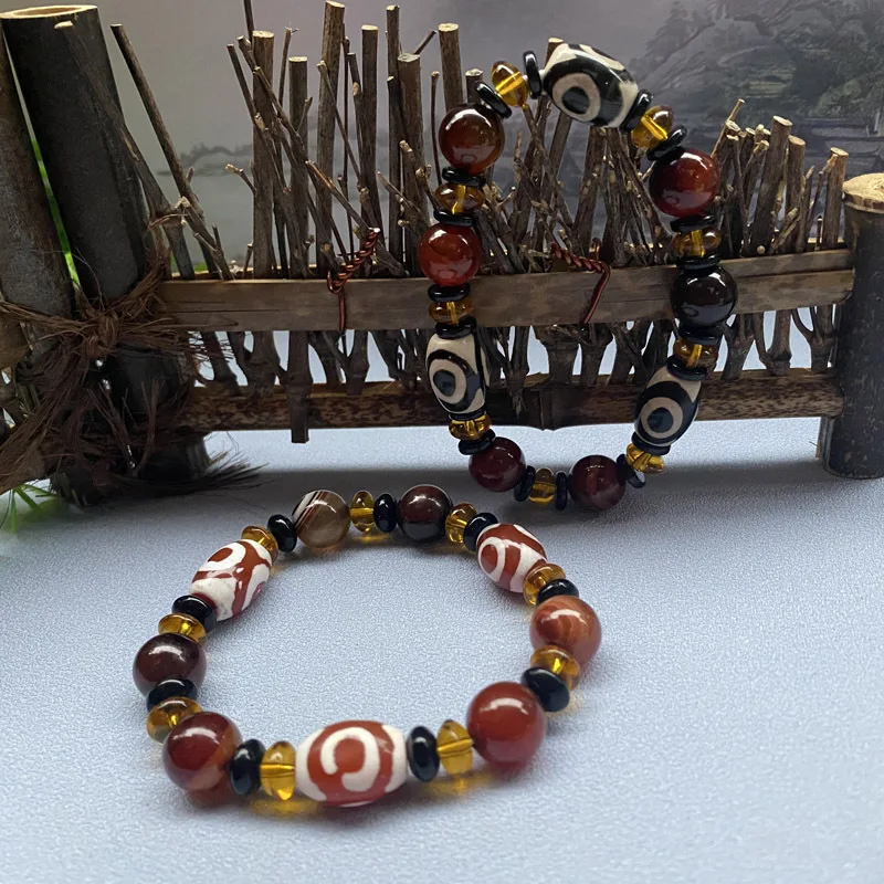 Agate three-eye Dzi bead bracelet, single-strand, red, unisex, black hand string