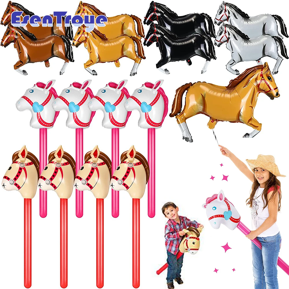 Horse Head Stick Balloon Inflatable PVC Unicorn Long Stick Baloon for Kids Cowboy Birthday Party Decoration Boys Girls Pool Toys