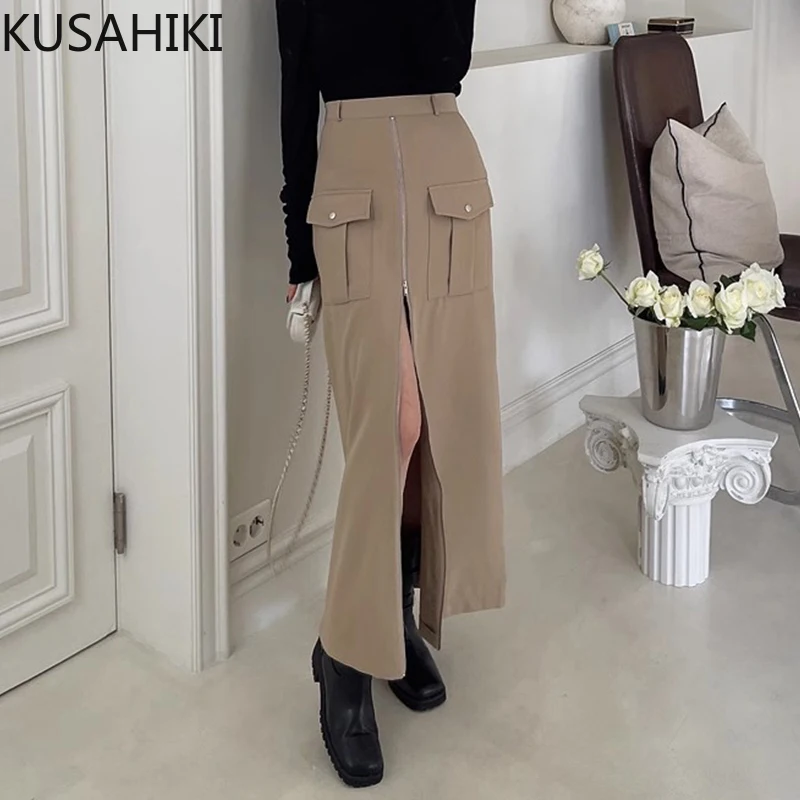 

KUSAHIKI Korean Autumn Niche High Waist Versatile Double Pocket Design Zipper Split Hip Wrapped Skirt Half Body Skirts for Women