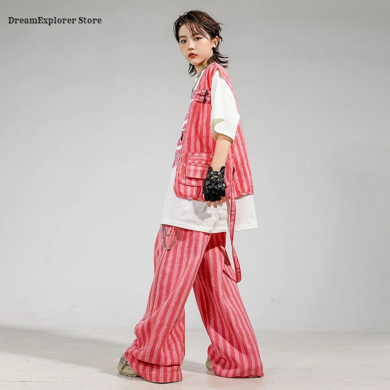 Ragazzi Hip Hop T-shirt Gilet a righe rosa Pantaloni da ballo di strada Ragazze Costumi K-pop Bambini Adolescenti Set di vestiti jazz Bambini Streetwear