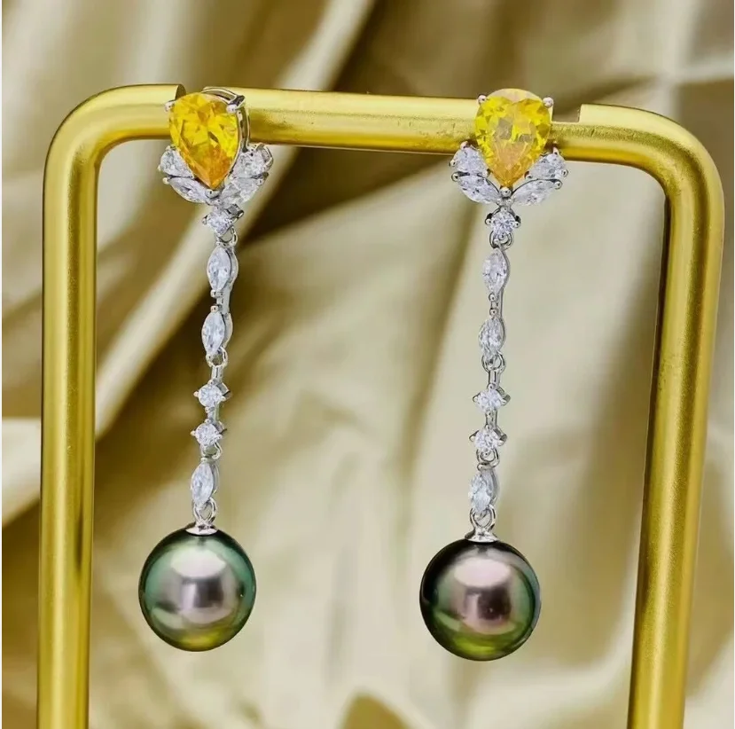 

elegant pair of 10-11mm 9-10mm tahitian round black gree pearl dangle earring 925s