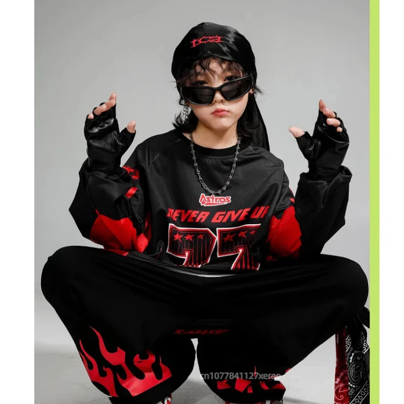 Traje de baile callejero para niños, conjunto 77 de llamas negras y rojas, trajes de espectáculo escénico para niños y niñas de marca de moda hip-hop