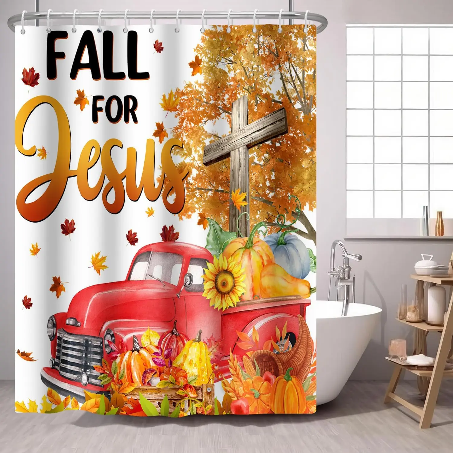 

Осенний грузовик, занавеска для душа с крестом, цитаты, осень для Иисуса, старый автомобиль с тыквой, клен, подсолнух, ткань, занавески для душа, оранжевый