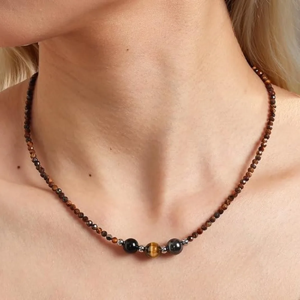 Natural Gemstone Crystal Necklace Anxiety Relief Triple Protection Beaded Choker New Beginnings Healthy Pregnancy