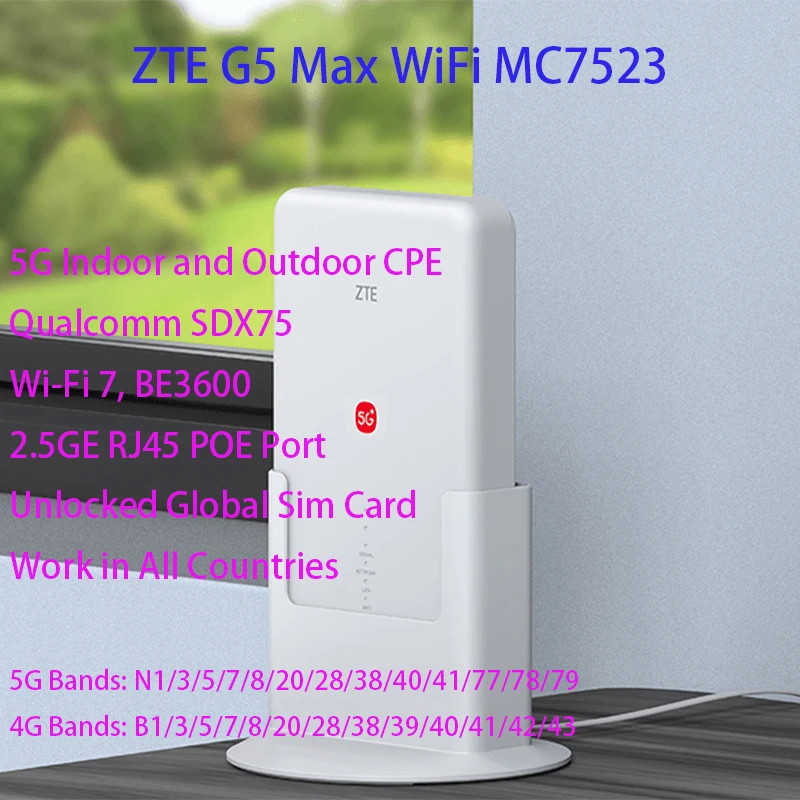 Global Version ZTE G5 Max MC7523 5G Outdoor CPE WiFi 7 BE3600 13dBi 2.5GE RJ45 POE 5G‑A 4G LTE Indoor Router With Sim Card Slot