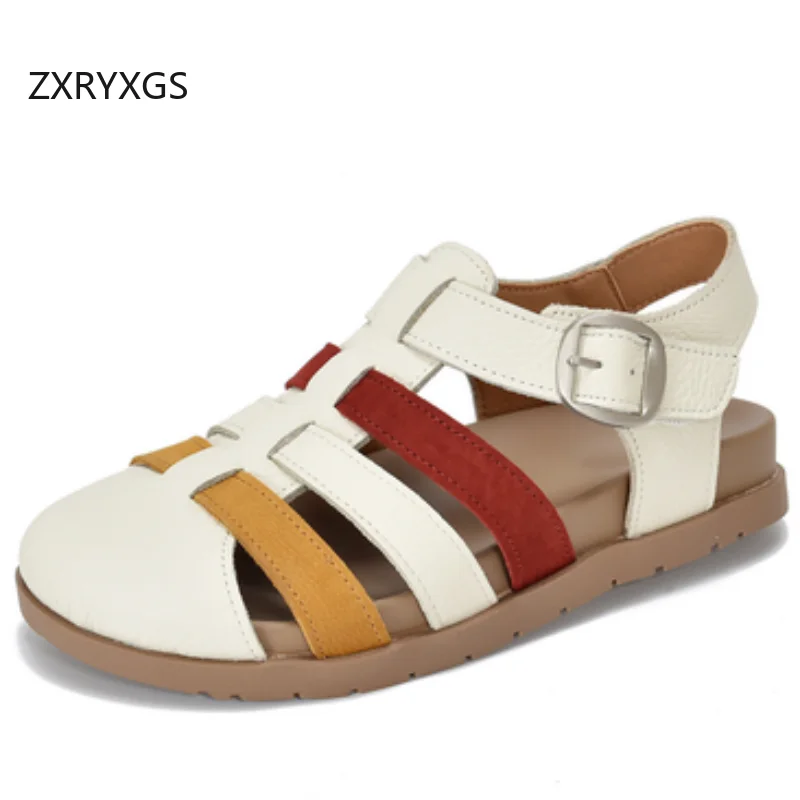 ZXRYXGS Summer Top Cowhide Spell Colors Women Fashion Sandals 2026 New Round Toe Hollow Flat Comfort Real Leather Roman Sandals