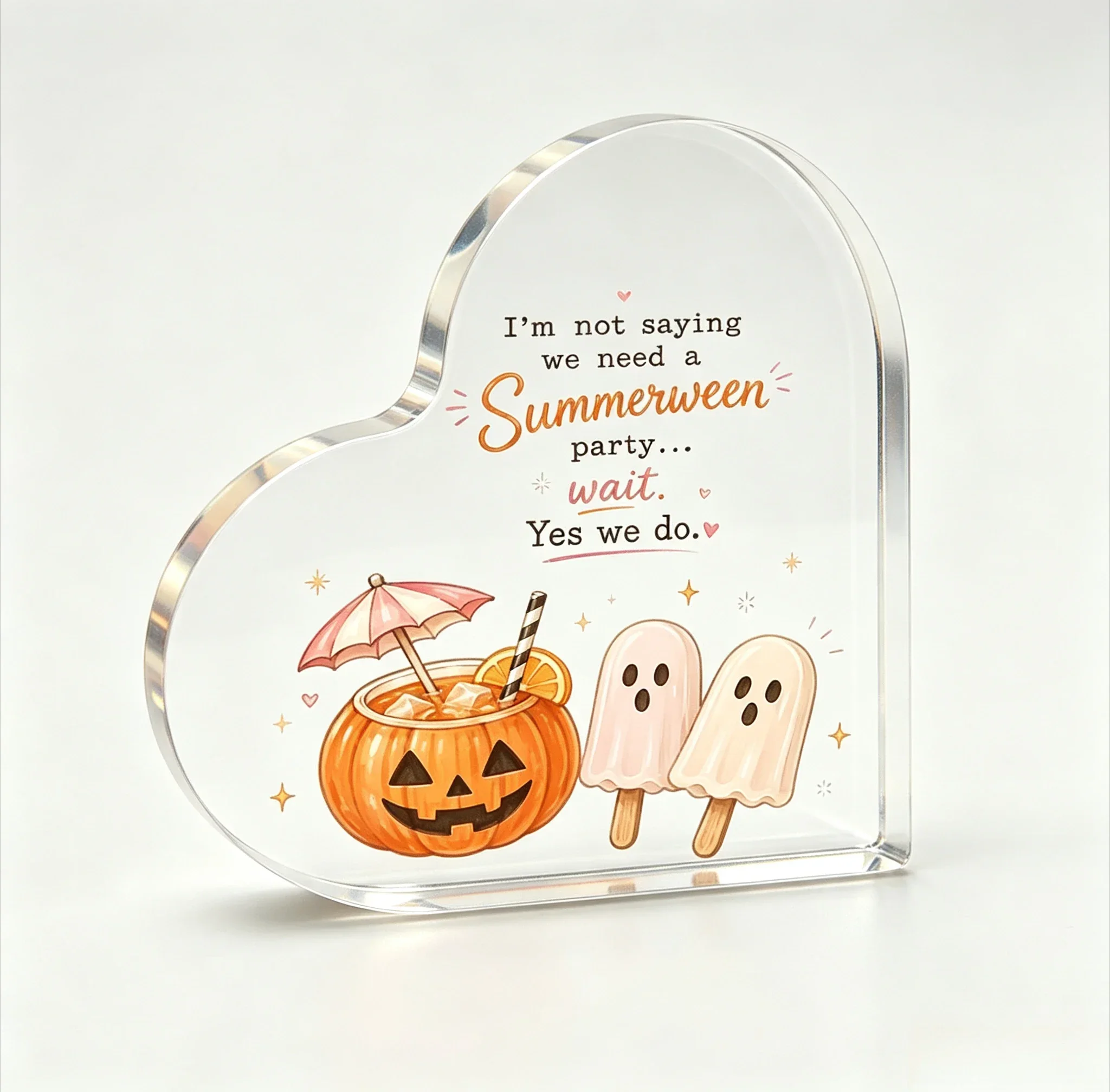 Summerween Party Heart‑Shaped Acrylic Plaque, Pumpkin Ghost Popsicle Tabletop Decor