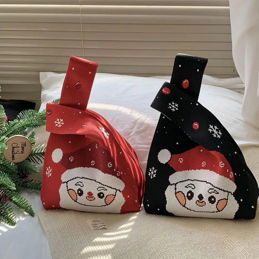 Cute Christmas Gift Christmas Knitted Handbag Cartoon Santa Claus Knot Wrist Bag Weave Purse Wool Bucket Bag Shopping