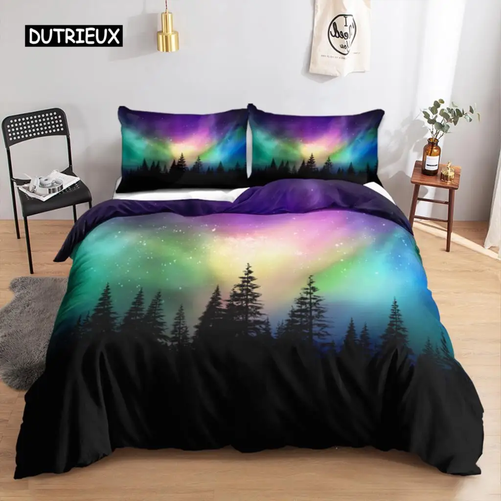 Antarctic Aurora King Queen Duvet Cover Colorful Sky Polar Lights Bedding Set Smoky Mountain Forest Soft 2/3pcs Comforter Cover