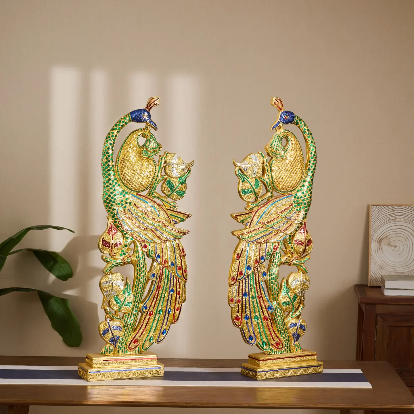 South East Asia style, handmade wood carving gold leaf peacock ornament, decorative living room ornament corridor aisle