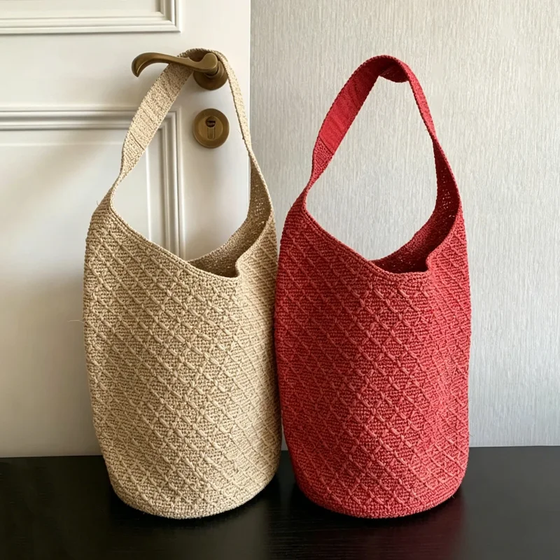 

Raffia Woven Shoulder Bag High-quality Retro Straw Bucket Bag Summer Beach Vacation Bag Stylish Versatile Handbag Travel Tote