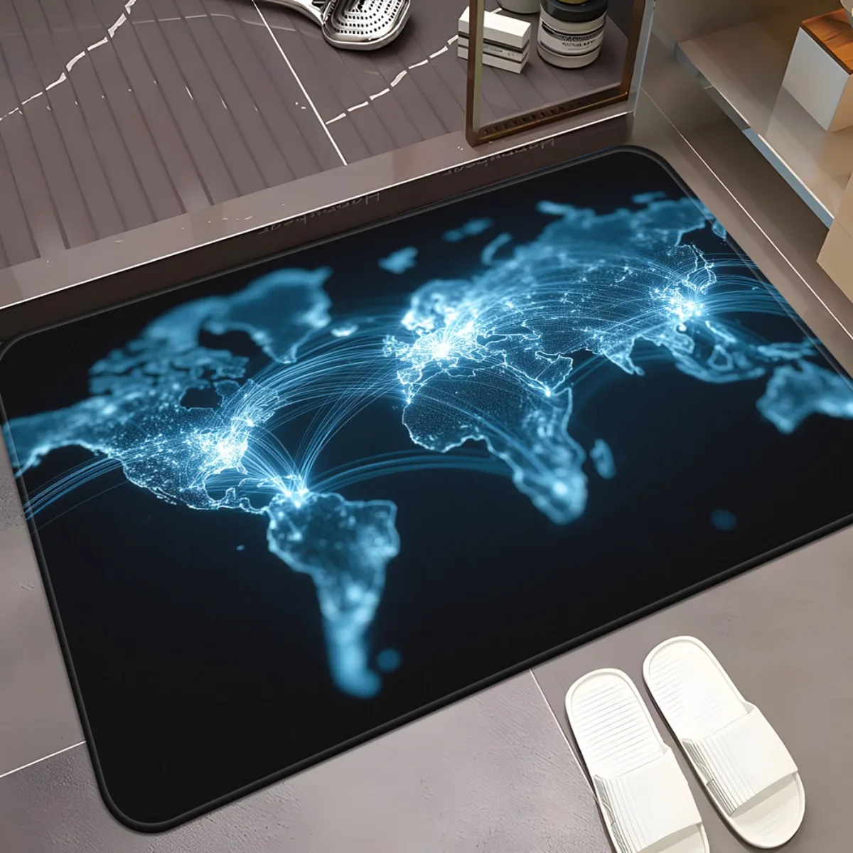 1pc World Map Design Door Mat - Non-Slip Backing, Machine Washable Absorbent Mat with Glowing Global Network Pattern in Blue/Bla