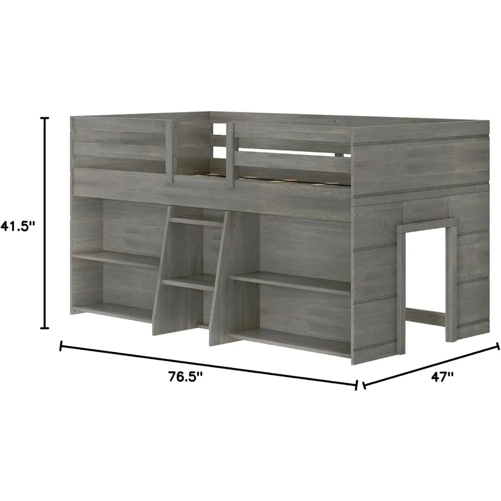 Cama alta baixa moderna de fazenda, estrutura de cama dupla para crianças com 2 estantes, beliche de madeira flutuante para crianças