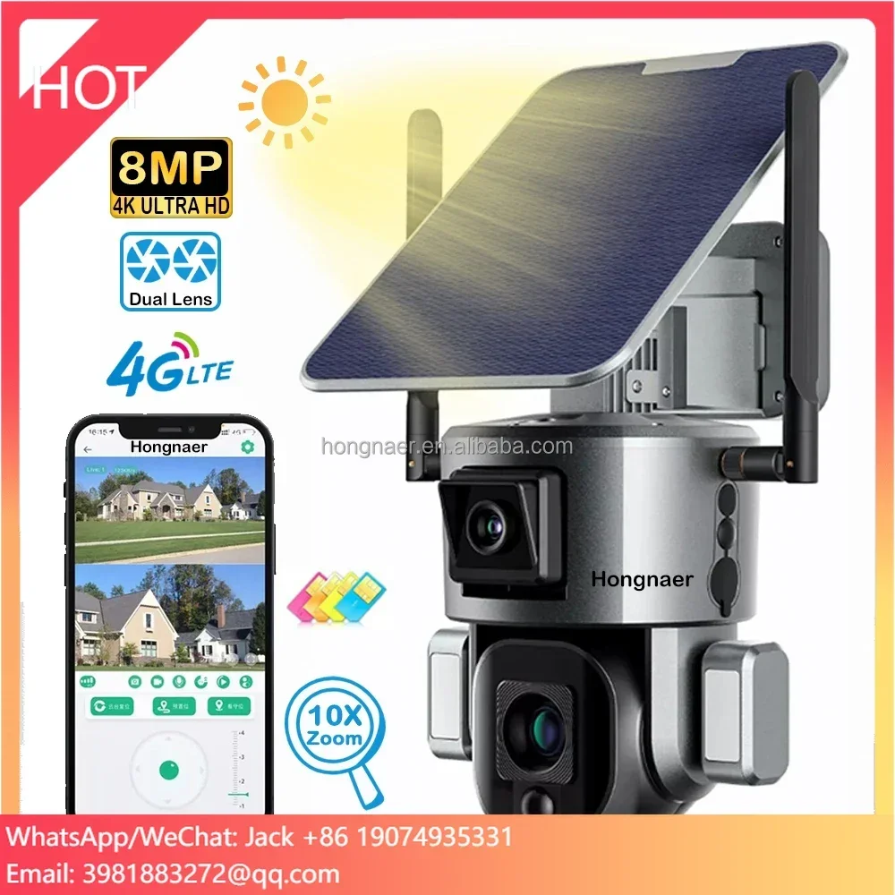 กล้องวงจรปิด Hongnaer 8MP ซูม 10 เท่า ไร้สาย พลังงานแสงอาทิตย์ กล้อง PTZ 4K เลนส์คู่ สำหรับภายนอกอาคาร รองรับซิมการ์ด 4G