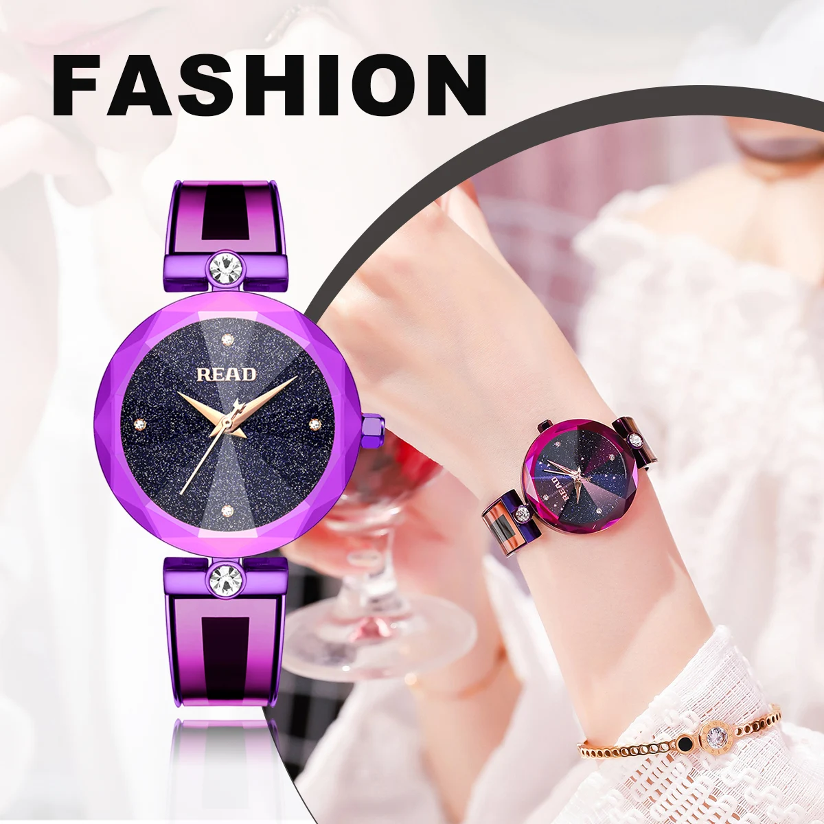 READ Women Round Quartz Watch | Purple Starry Dial | Stainless Steel Bracelet | Daily Water Resistant Ladies Wrist Watch