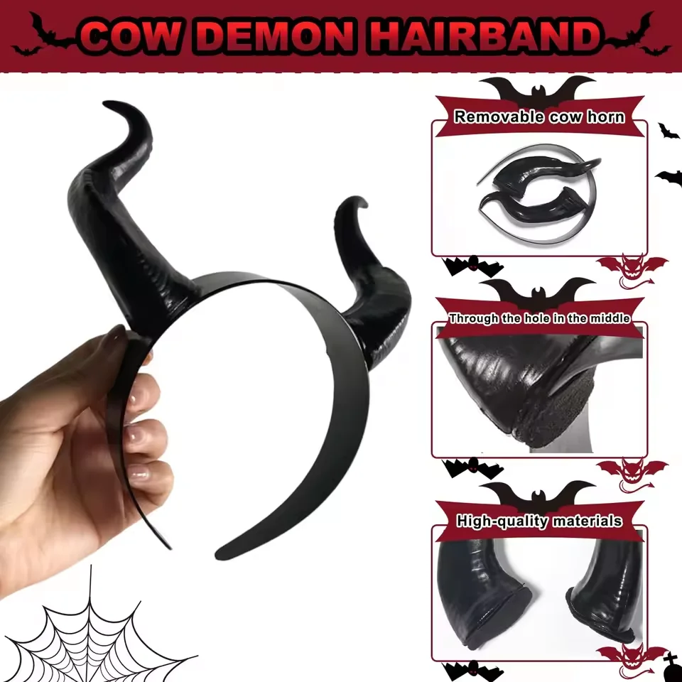 Women Black Queen Witch Demon Horns Headpiece Cosplay Animal Antelope Devil Headdress Christmas Halloween Party Costume Headband