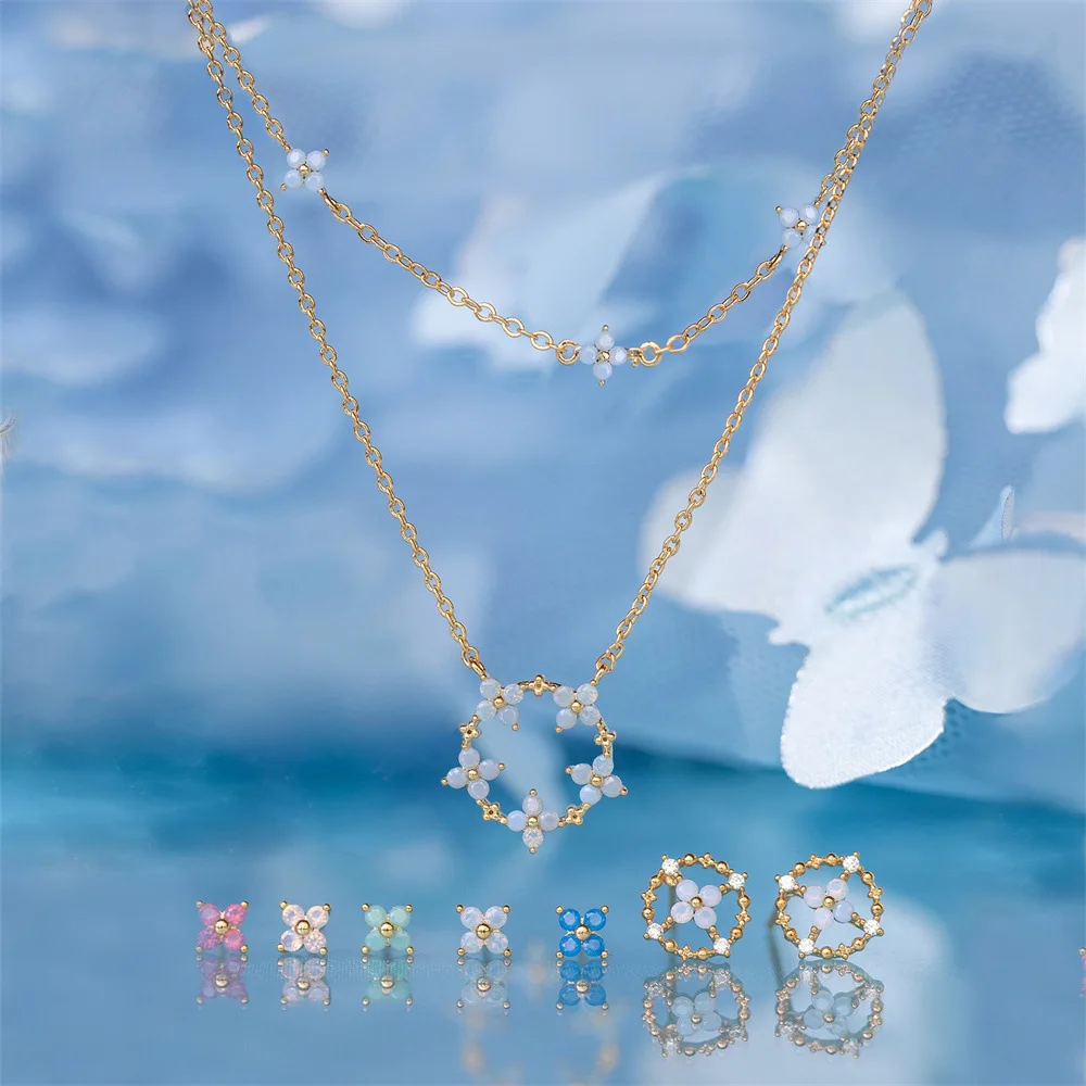 Crystal Clover Choker Necklace For Women Kpop Ins Fashion Gold Color Thin Short Neck Chain Blue Flower Jewelry Gifts KDN005