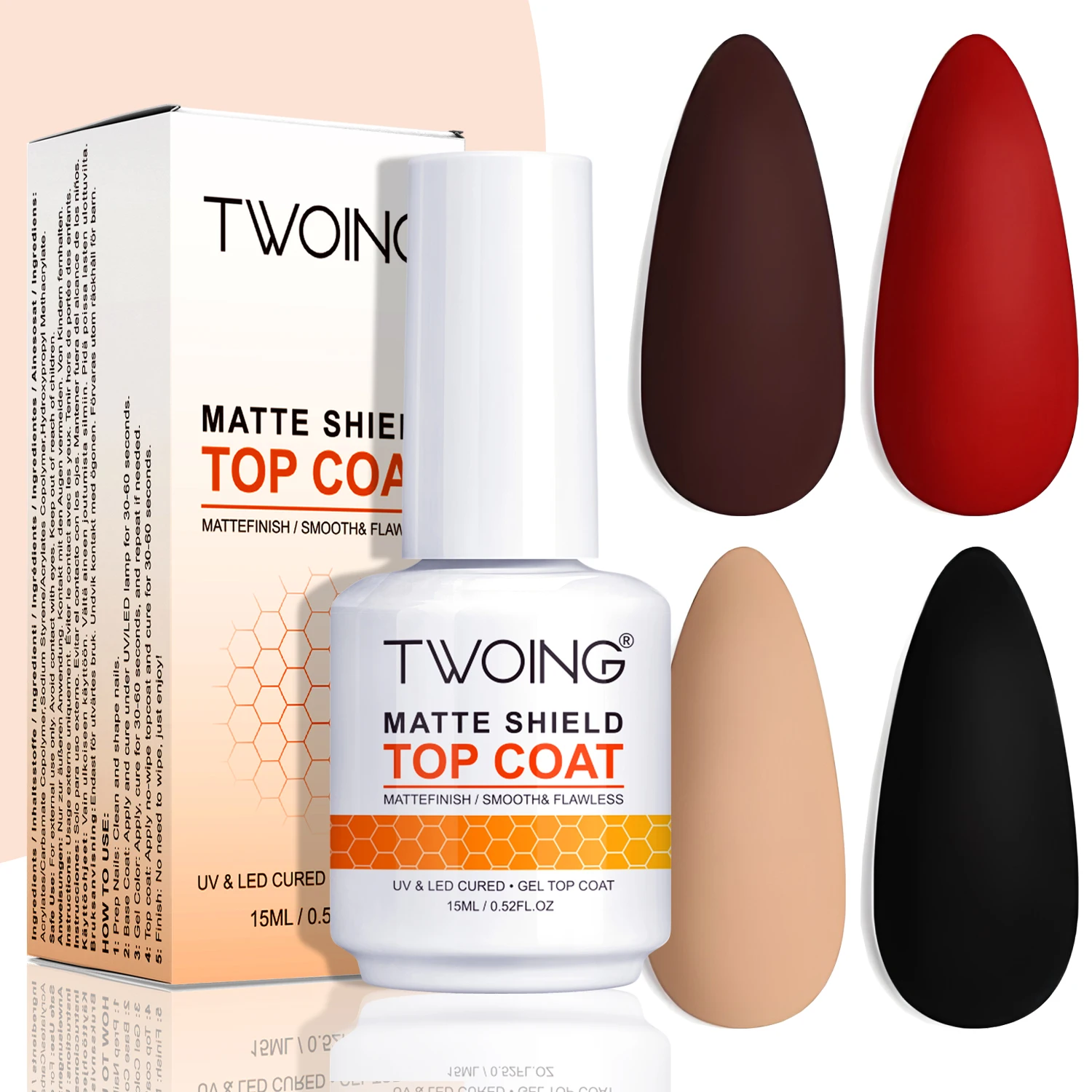 TWOING 15ml Velvet Matte Top Coat Gel Nail Polish Matte Top Coat No Wipe Sealer Gel Finish Manicure Nail Art Salon Quality