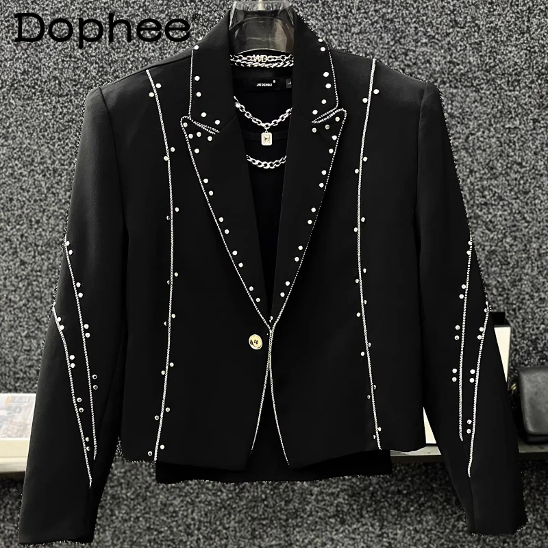 

Men's 2025 Autumn New 2pcs Loose Comfort Two-piece Sets Rivet Long Sleeve Blazer Jacket Flared Pants High-End Chic Trousers Sets