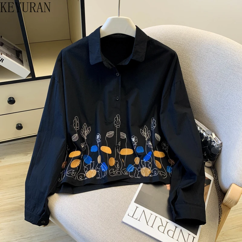 

2026 Spring Autumn Retro Embroidered Long Sleeve Black Shirts Women Tops Vintage Fashion Turn-down Collar Casual Blouse Y2K Tops