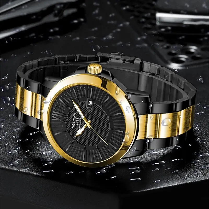 NOTIONR Fashion Mens Gold Stainless Steel Watches Luxury Quartz Wrist Watch Men Business Casual Calendar Watch Luminous Clock