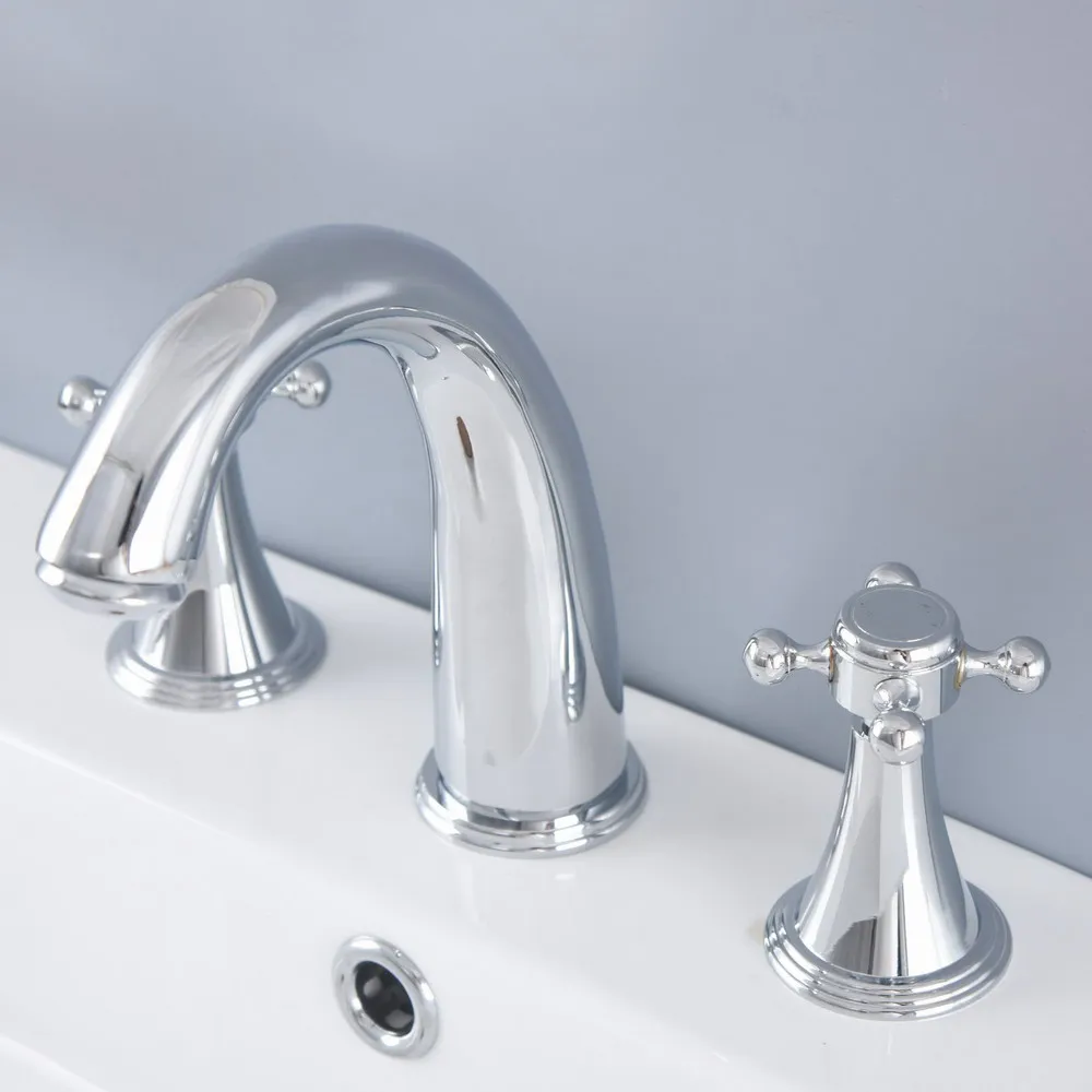 

Polished Chrome Brass Deck Mounted Dual Handles Widespread Bathroom 3 Holes Basin Faucet Mixer Water Taps mnf976