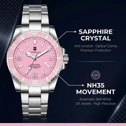 Corgeut NH35A Miyota 8215 Automatic Watch Pink Ceramic Bezel Sapphire Glass 10Bar Waterproof Luminous Diver Wristwatch