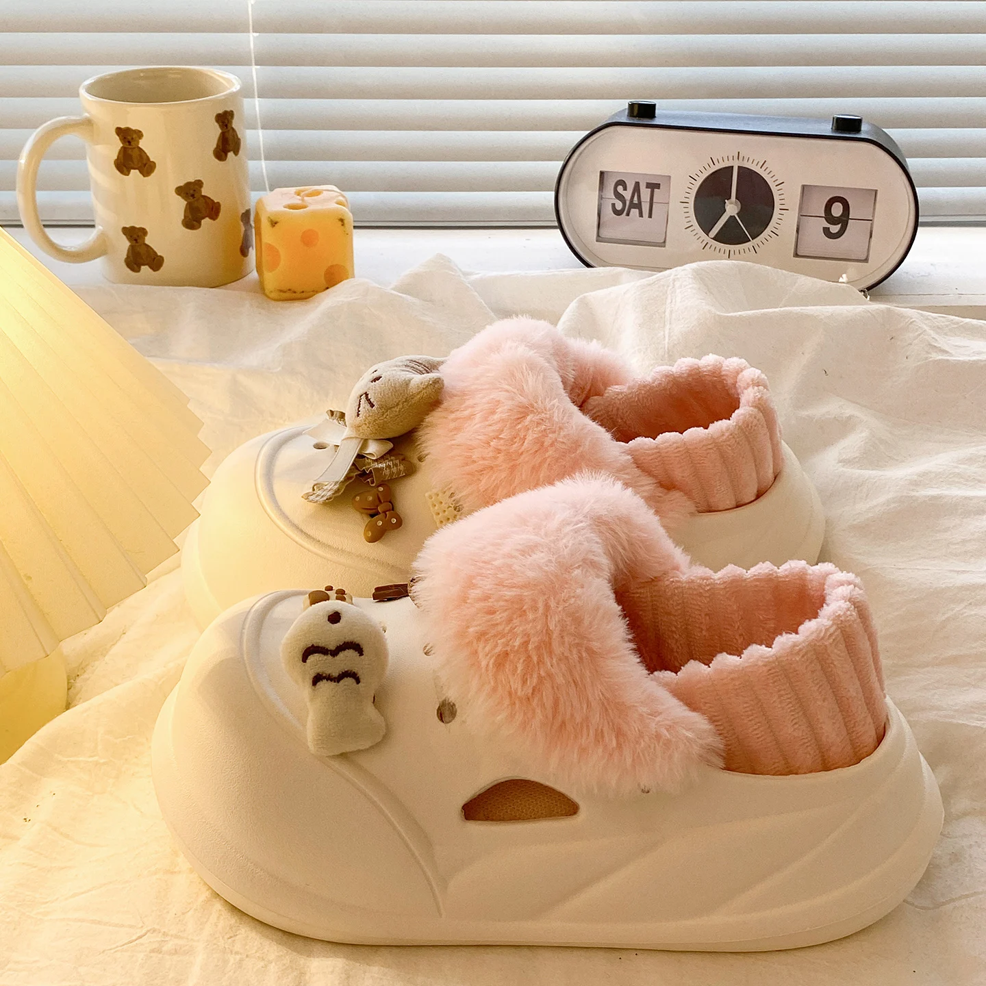 الشتاء المرأة الكلاسيكية الفراء اصطف منصة قباقيب الانزلاق على صنادل أرضية مع سحر الشريحة حذاء للحديقة سيدة قباقيب إسفين البغال #6