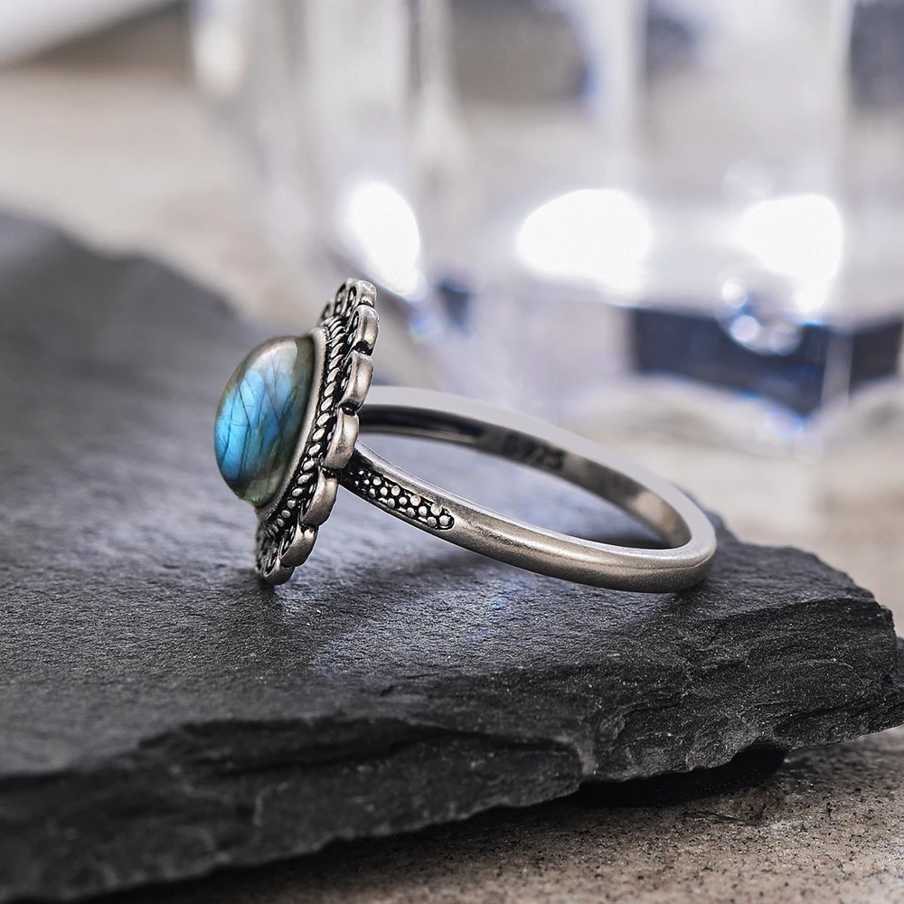 ヴィンテージ S925 スターリングシルバー フラワーリング 8MM ラブラドライト 天然石リング 大きなひまわり型 ファインジュエリー 女性用