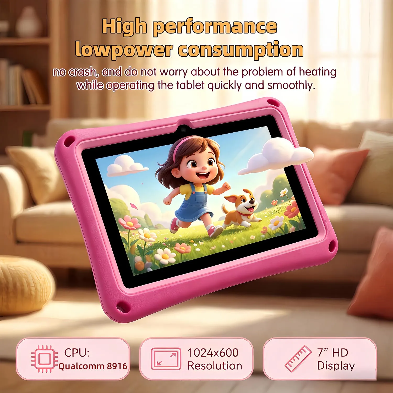 7 Inch Android 13 Kids Tablet 12GB+256GB HD Screen WiFi Cute Lion Cartoon Children Learning Tablet with Shockproof Silicone Case
